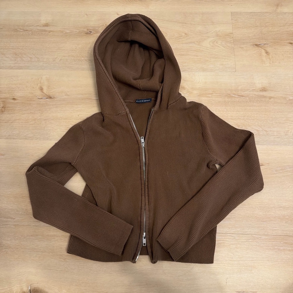 Brandy Melville Brown Ribbed Double Zip Hoodie